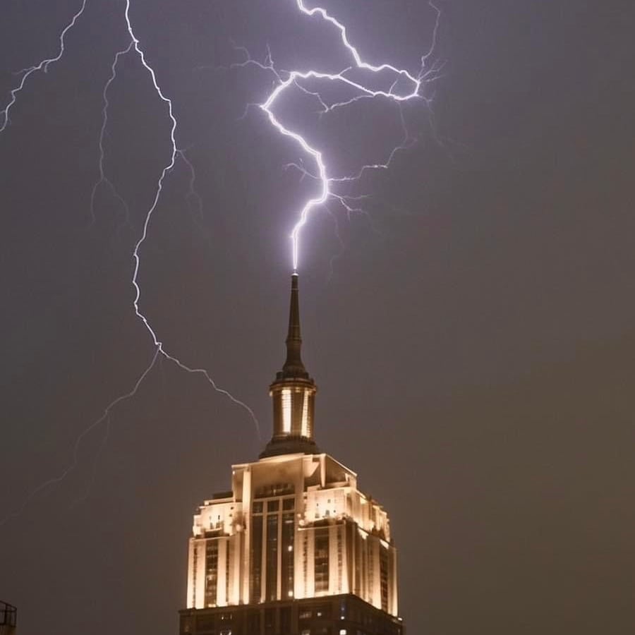 A bolt of lightning strikes the spire of a tall, illuminated skyscraper at night, set against a dark, cloudy sky.