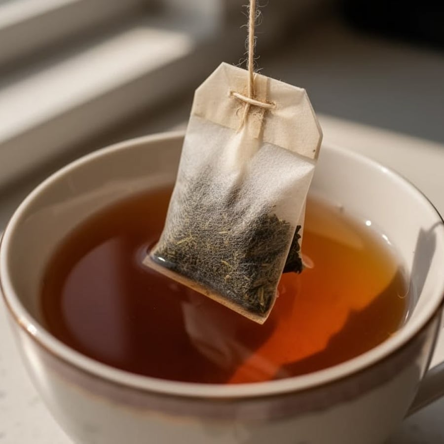 A close-up of a tea bag being steeped in a cup of hot tea, with sunlight shining on the cup and the tea turning a rich amber color.