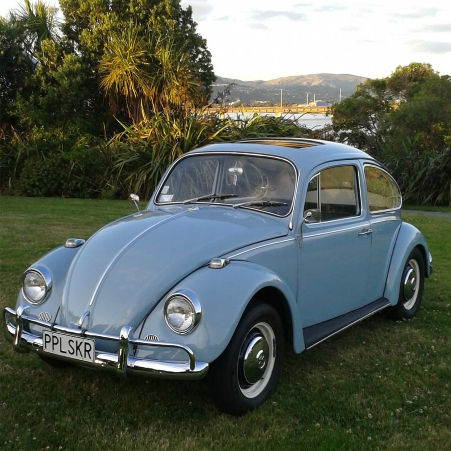 A light blue classic Volkswagen Beetle is parked on grass, with trees, water, and mountains in the background. The license plate reads “PPL SKR.”
