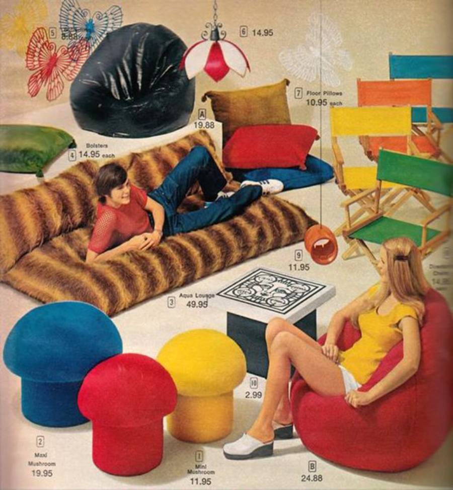 Two women relax on colorful, retro furniture including a faux fur sofa, bean bag, mushroom stools, and director chairs. Furniture prices are labeled. The scene has a 1970s vibe with vibrant décor and butterfly wall art.