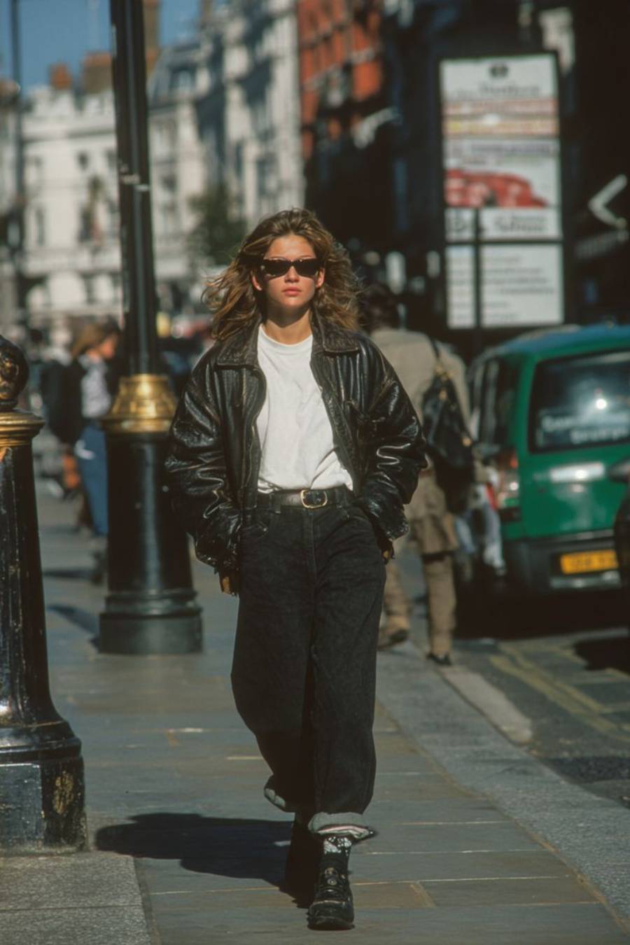 A woman in sunglasses, a black leather jacket, white t-shirt, and black jeans walks confidently on a city sidewalk with busy street traffic and pedestrians in the background.
