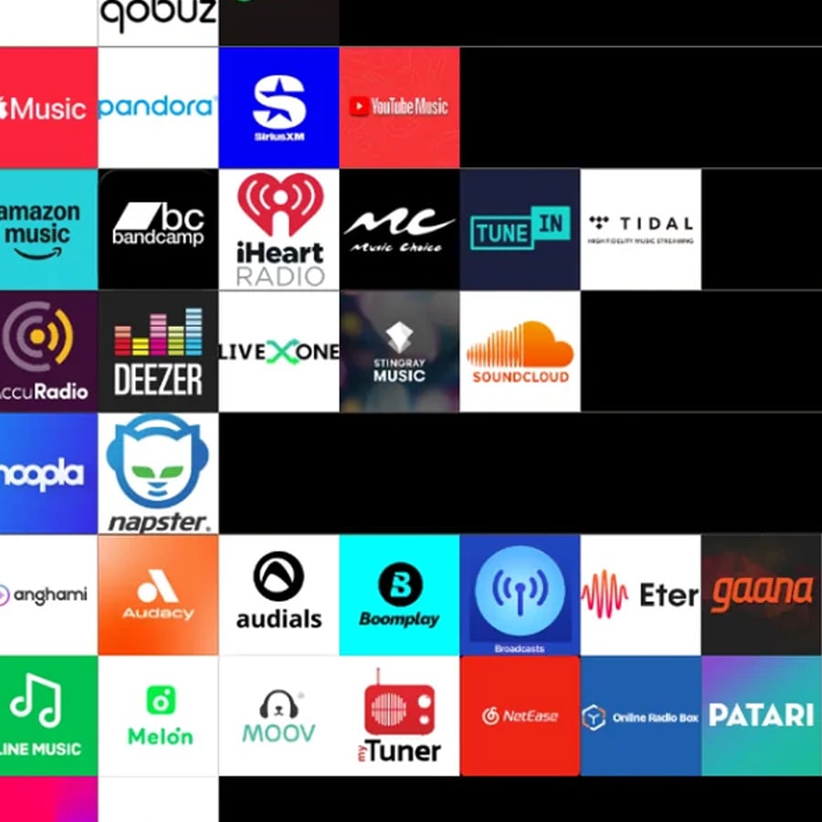 A grid of colorful music streaming service logos, including Spotify, Apple Music, YouTube Music, Amazon Music, Pandora, Tidal, SoundCloud, Napster, and others, displayed against a black background.