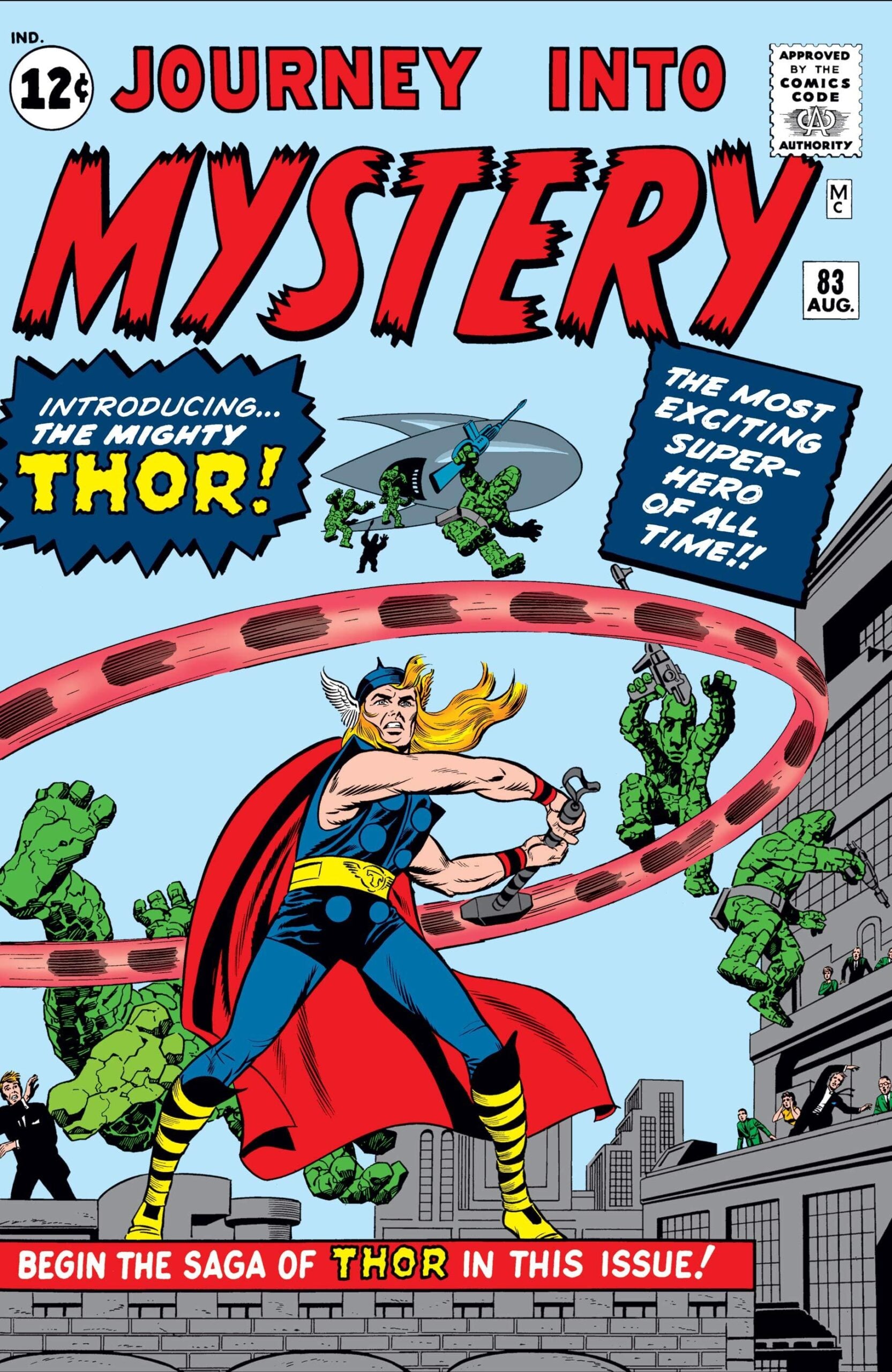 Comic book cover: Thor swings his hammer, with green-skinned foes surrounding him. Text reads, “Journey Into Mystery,” “Introducing… The Mighty Thor!” and “Begin the saga of Thor in this issue!”