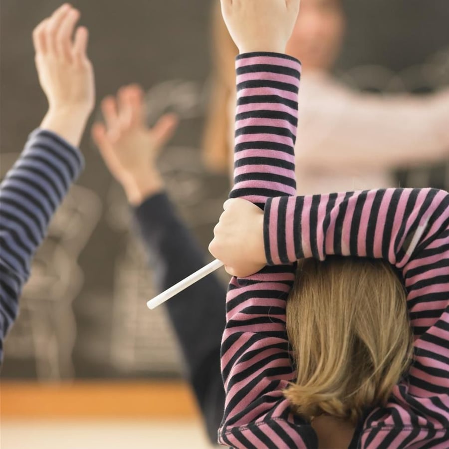 A student in a striped shirt raises their hand in a classroom, holding a white pencil, with other students’ hands also raised in the background.