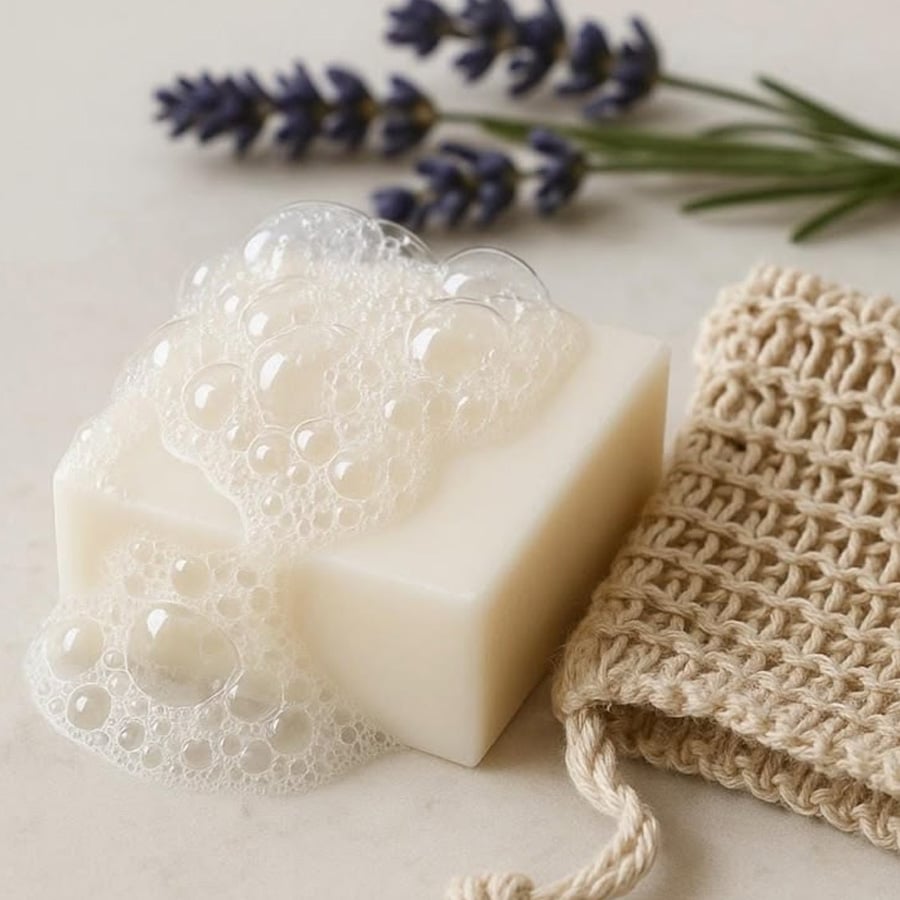 A bar of white soap with bubbles sits next to a woven soap pouch and sprigs of lavender on a light surface.