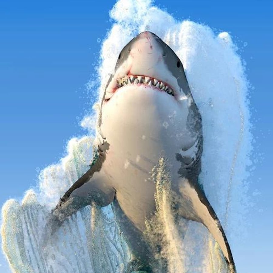 A great white shark bursts out of the water with its mouth open, exposing sharp teeth, as waves and spray surround it against a clear blue sky.