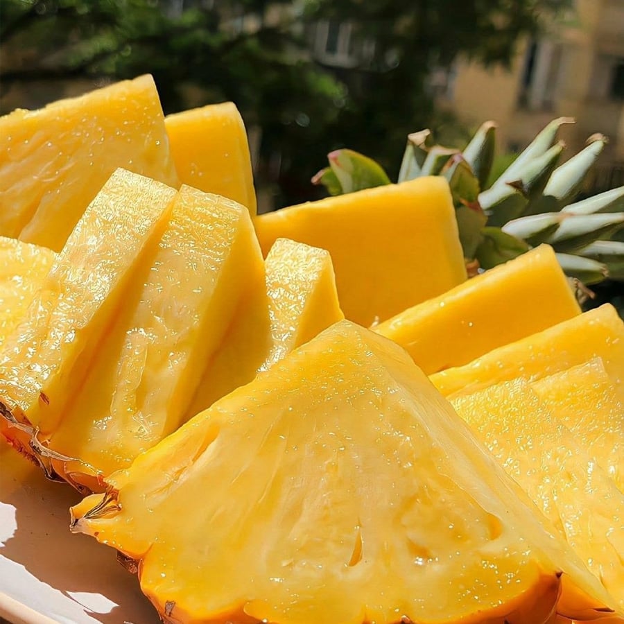 Close-up of freshly cut pineapple slices arranged on a plate, with bright yellow flesh and spiky outer skin visible. Sunlight highlights the juicy texture, and blurred greenery and buildings appear in the background.
