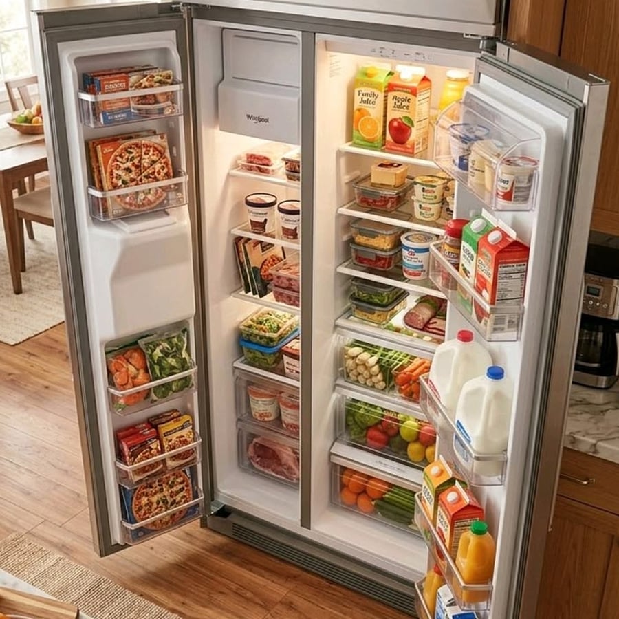 A neatly organized, open refrigerator and freezer filled with various foods, including fruits, vegetables, dairy, drinks, frozen meals, and condiments. Shelves and door compartments are fully stocked and tidy.