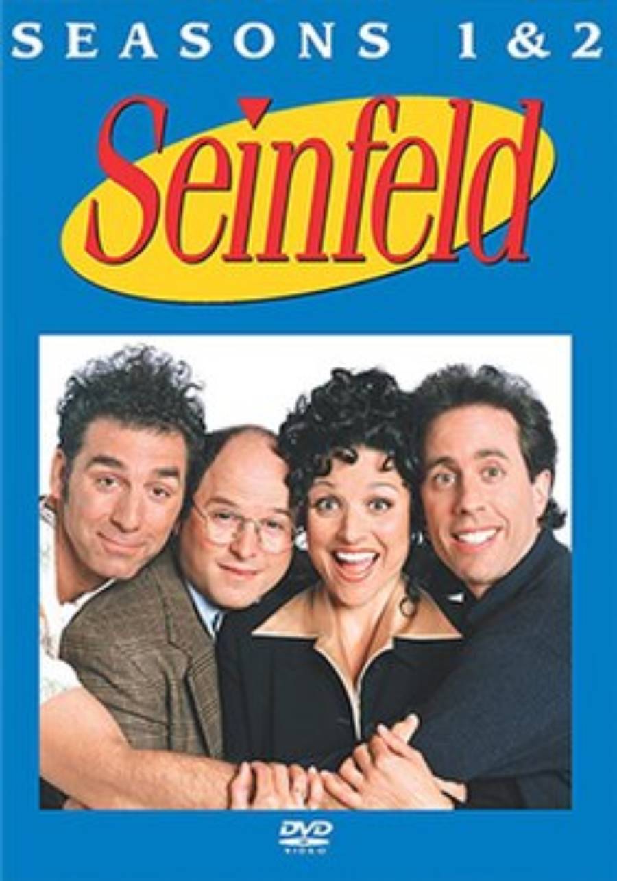 DVD cover for “Seinfeld” Seasons 1 & 2 showing four smiling main characters posing together against a blue background with the show’s yellow and red logo above them.
