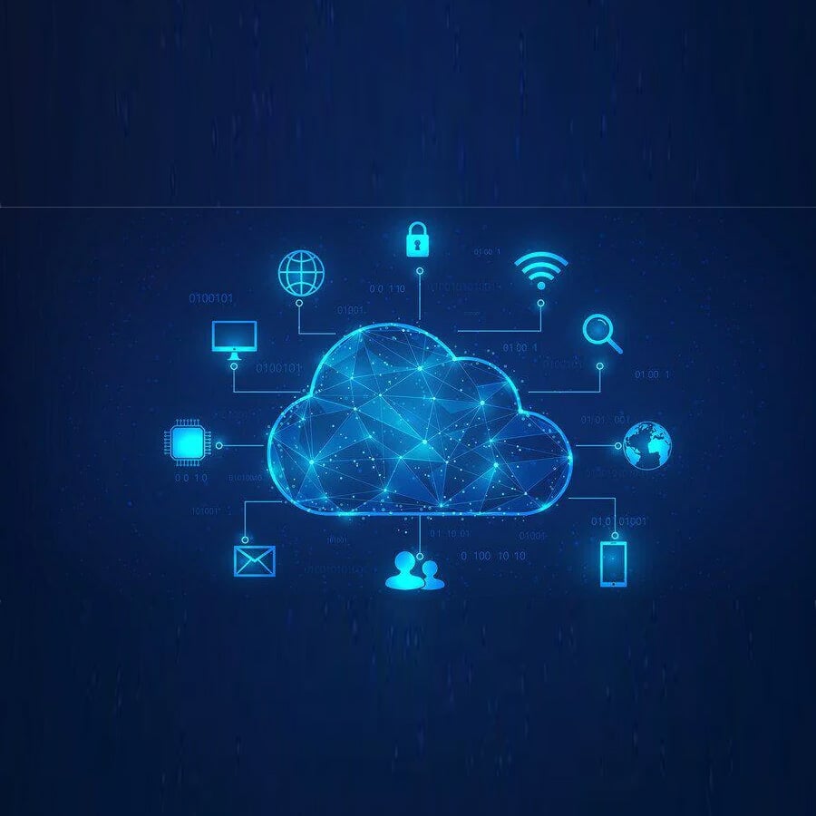 A glowing blue cloud icon is connected to various digital symbols, such as a lock, Wi-Fi, magnifying glass, globe, email, and mobile device, representing cloud computing and data connectivity on a dark background.