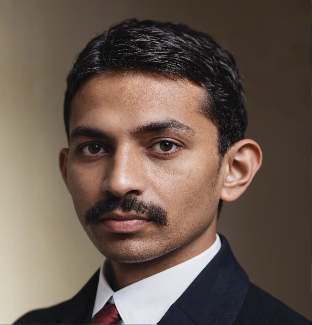 A man with short dark hair and a mustache, wearing a dark suit, white shirt, and red tie, looks directly at the camera against a plain background.
