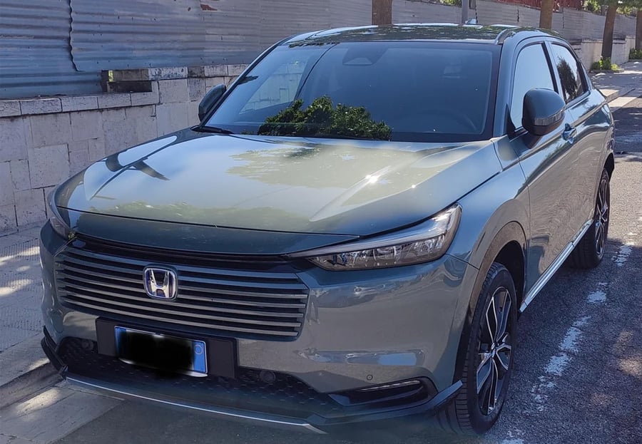 A green Honda SUV is parked on the street beside a stone wall and metal fence. The car’s front and side are visible, with reflections of trees on the hood and windshield.