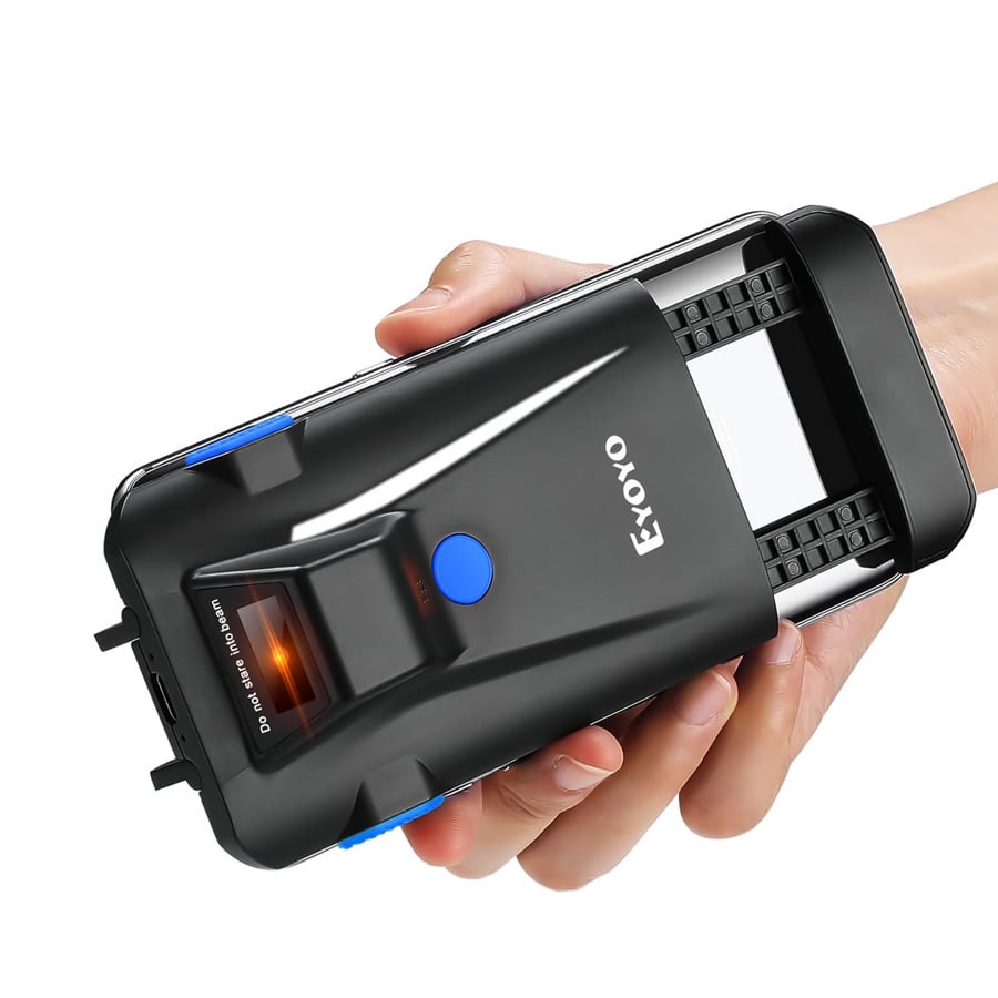 A hand holding a black Evoyo portable label printer with a small orange screen and a label being printed out from the device.