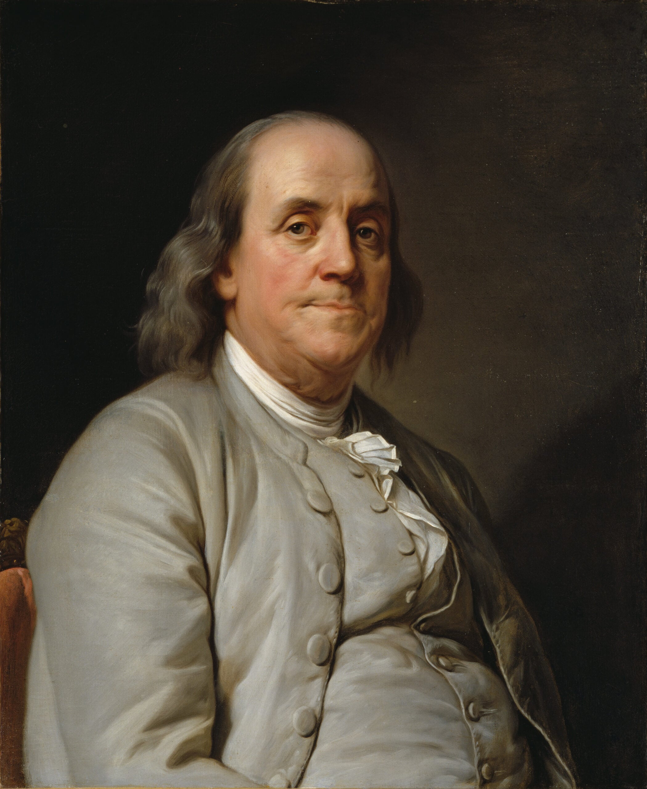 A formal oil painting of an older man with thinning gray hair, wearing a light gray coat and white shirt, seated and looking slightly to the side against a dark background.