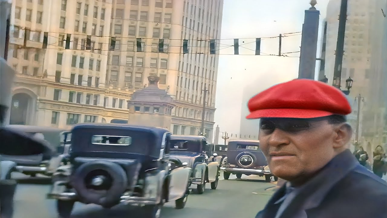 A man in a red cap stands on a busy city street with vintage cars driving by, and tall buildings in the background.