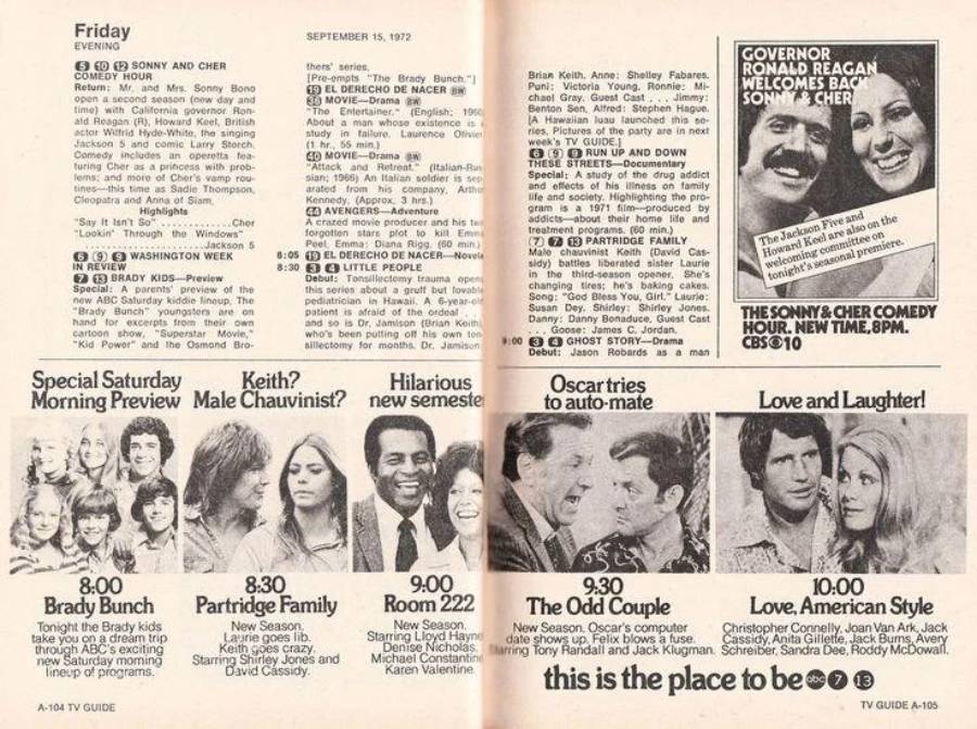 TV Guide pages from 1972 listing Friday TV shows, ads for “The Sonny & Cher Comedy Hour,” and photos promoting “The Brady Bunch,” “Partridge Family,” “Room 222,” “The Odd Couple,” and “Love, American Style.”