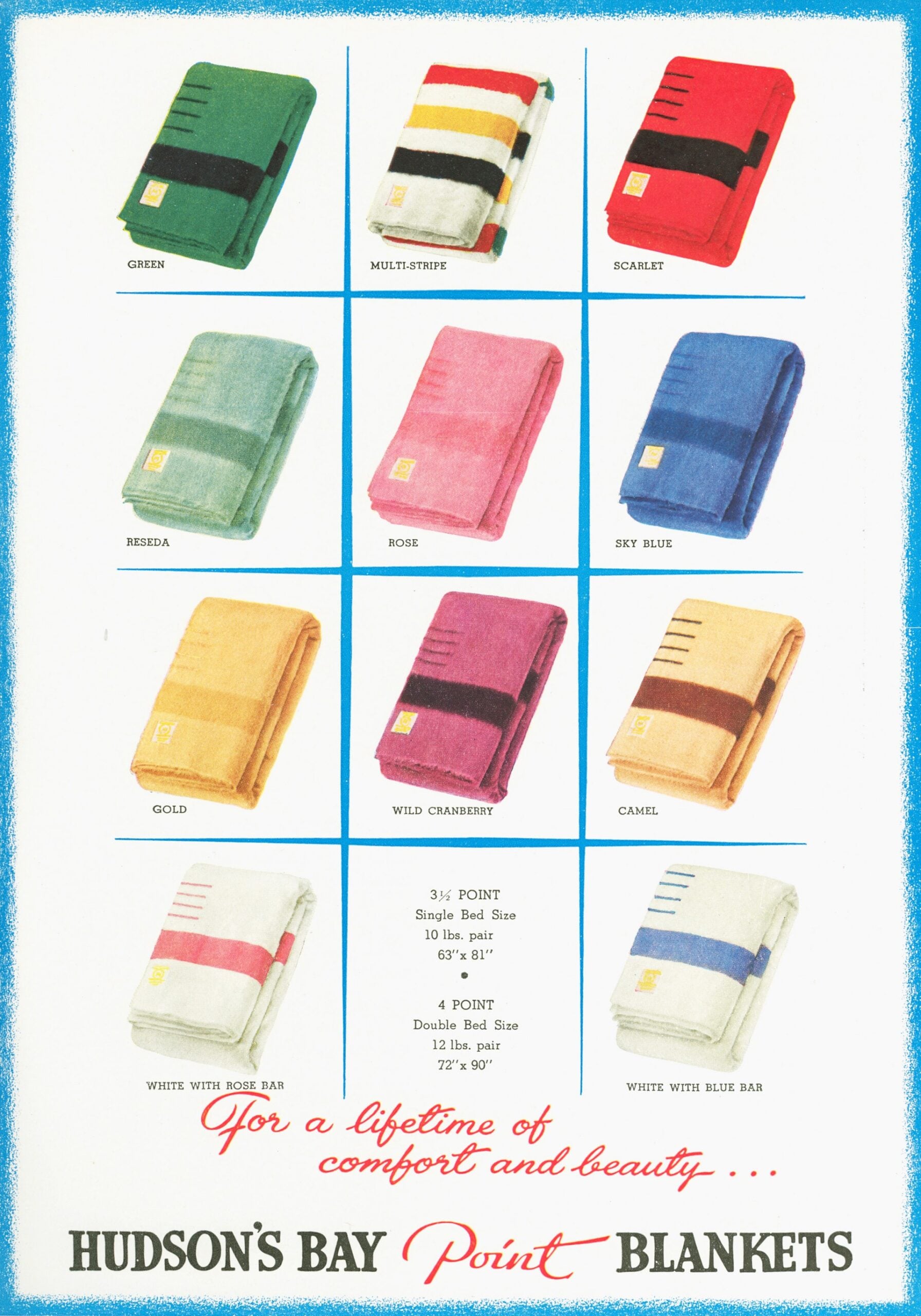 A vintage advertisement showing twelve colorful Hudson’s Bay Point Blankets, each folded and labeled by color, with text promoting comfort and beauty.