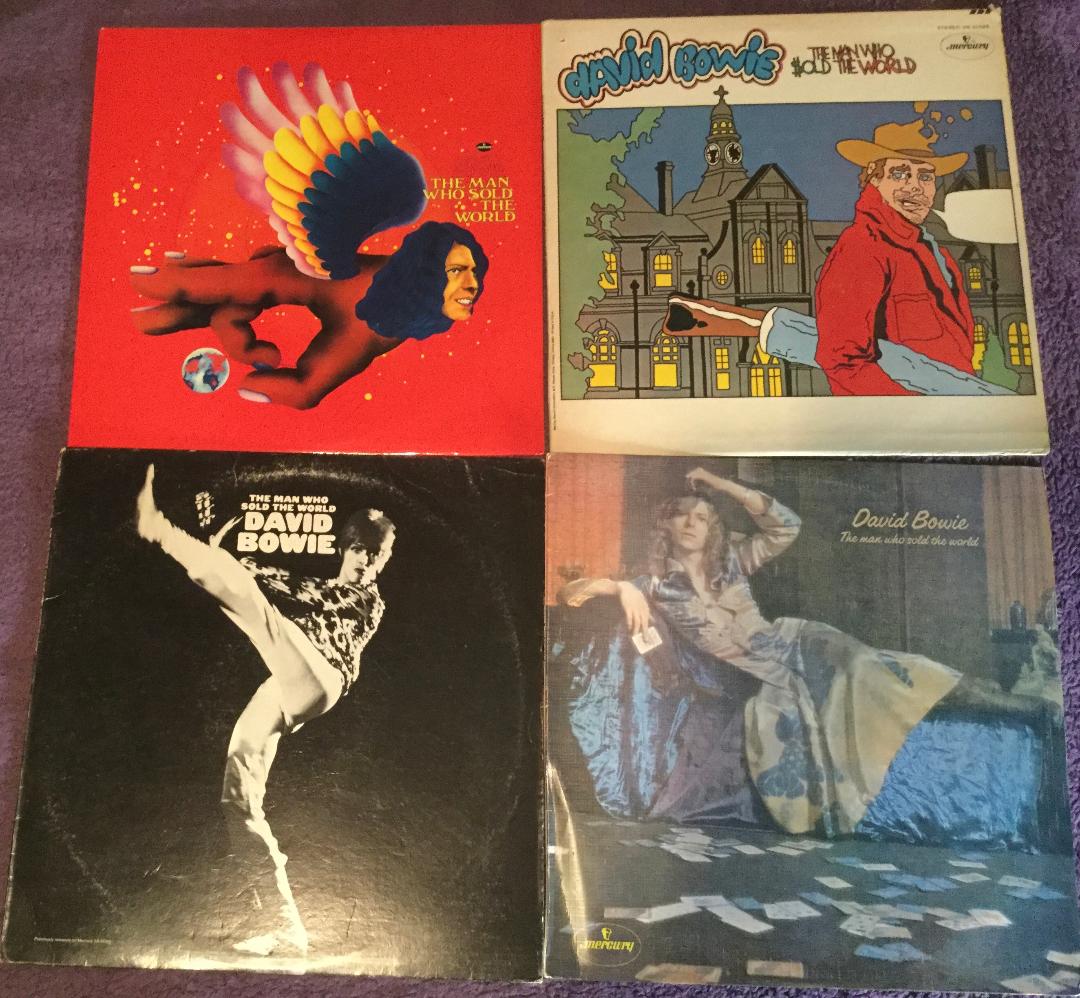 Four “The Man Who Sold the World” David Bowie album covers are shown, each with a different cover design, arranged in a 2x2 grid on a purple background.