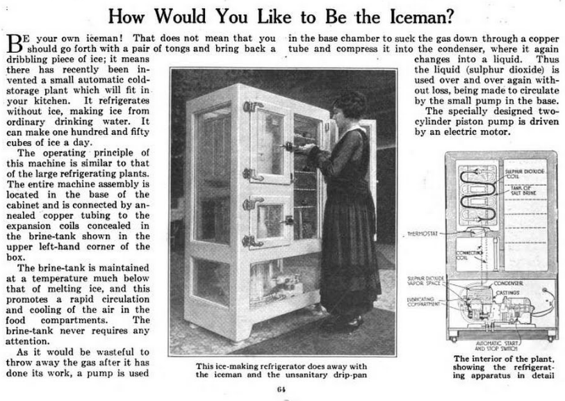 A person operates an early 20th-century ice-making refrigerator. The machine has glass windows showing internal parts. Text explains its brine-tank system, and an illustration details the refrigerator’s inner workings.