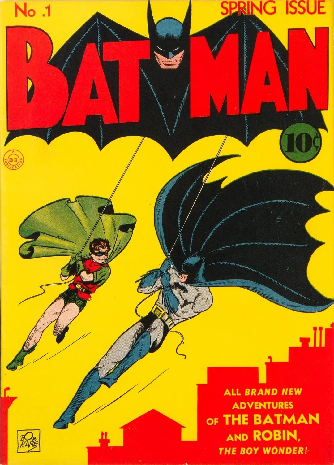 Batman and Robin swing on ropes across a yellow background on the cover of Batman No. 1 comic book, with bold red “BATMAN” title and city skyline silhouette.