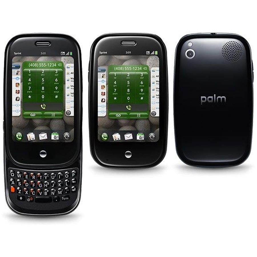 Three views of a Palm Pre smartphone: one with the keyboard extended, one with the screen visible, and one showing the back with the Palm logo and camera.