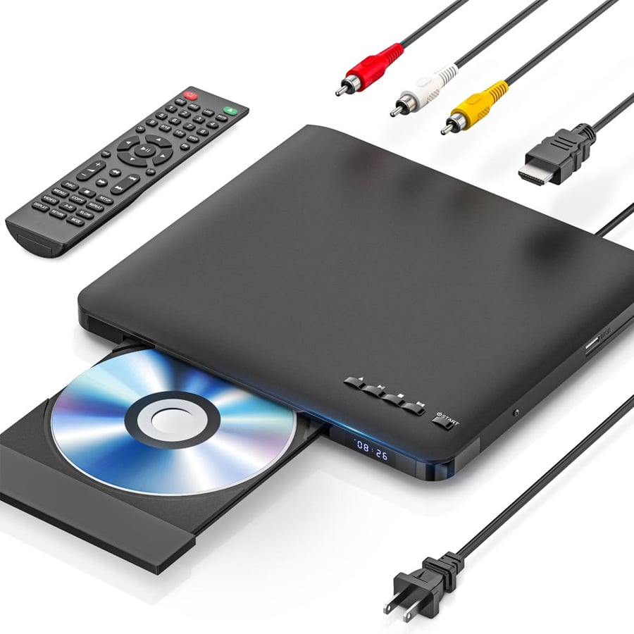 A black DVD player with an open disc tray holding a DVD, remote control, HDMI cable, RCA cables (red, white, yellow), and a power cord on a white background.