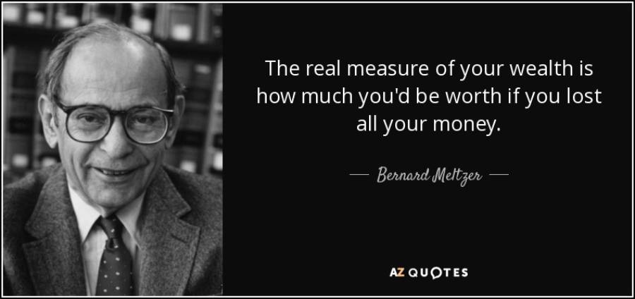 An older man in glasses smiles beside a quote: “The real measure of your wealth is how much you’d be worth if you lost all your money.” – Bernard Meltzer. Bookshelves are visible in the background.