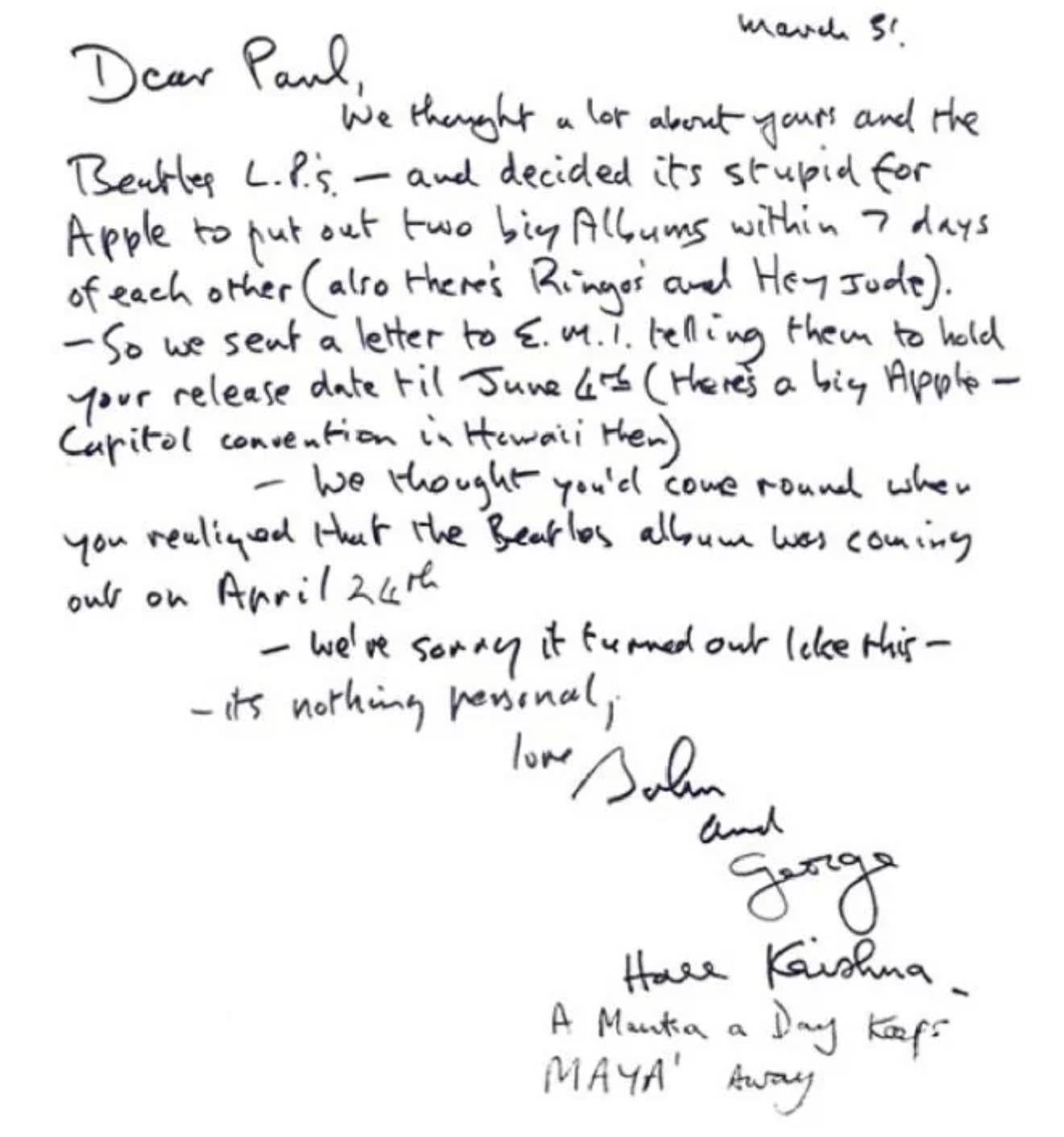 A handwritten letter to Paul from John and George, dated March 31, discussing the timing of Beatles album releases and asking to delay Paul’s album until June. Ends with “Hare Krishna” and mentions “MAYA.”