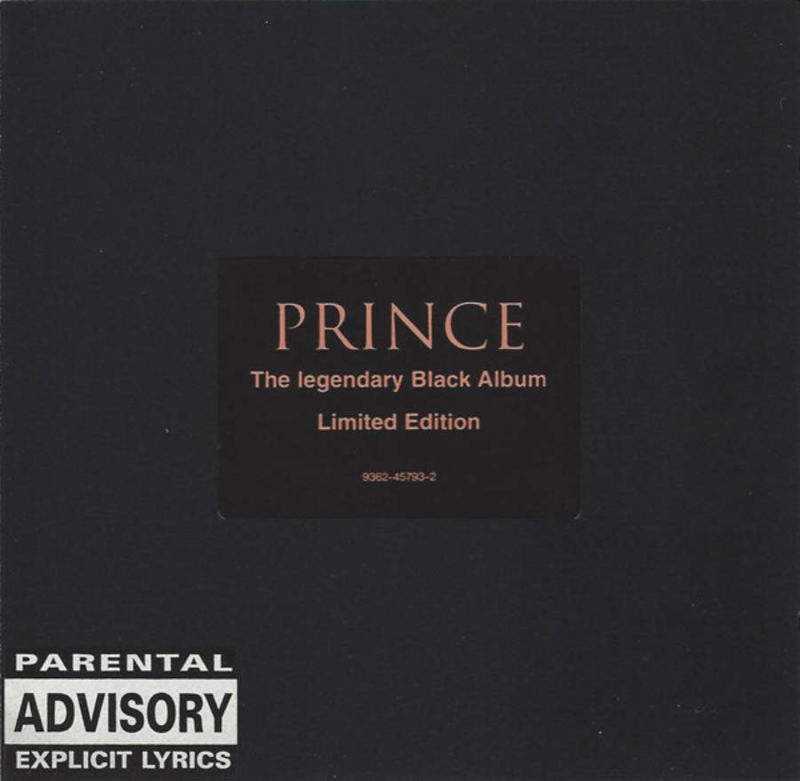 Black album cover with a small center label reading “PRINCE The legendary Black Album Limited Edition.” Bottom left features a “Parental Advisory Explicit Lyrics” warning in white text.