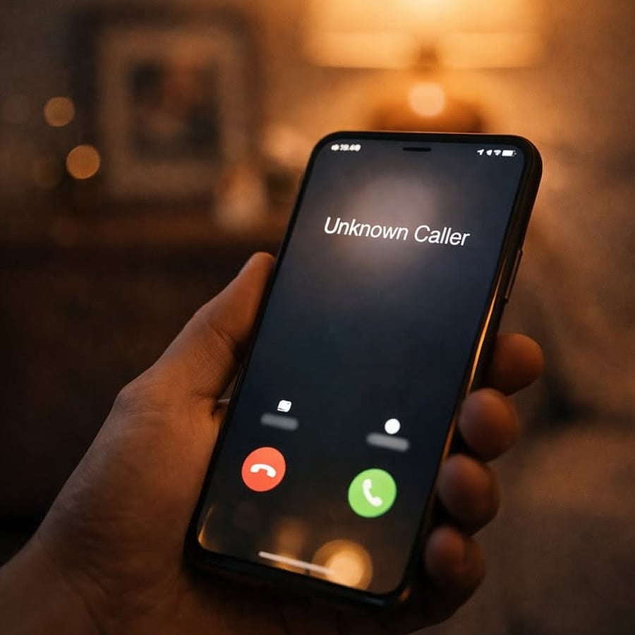 A hand holds a smartphone displaying an incoming call from “Unknown Caller,” with red decline and green accept buttons visible, against a softly lit, blurred background.