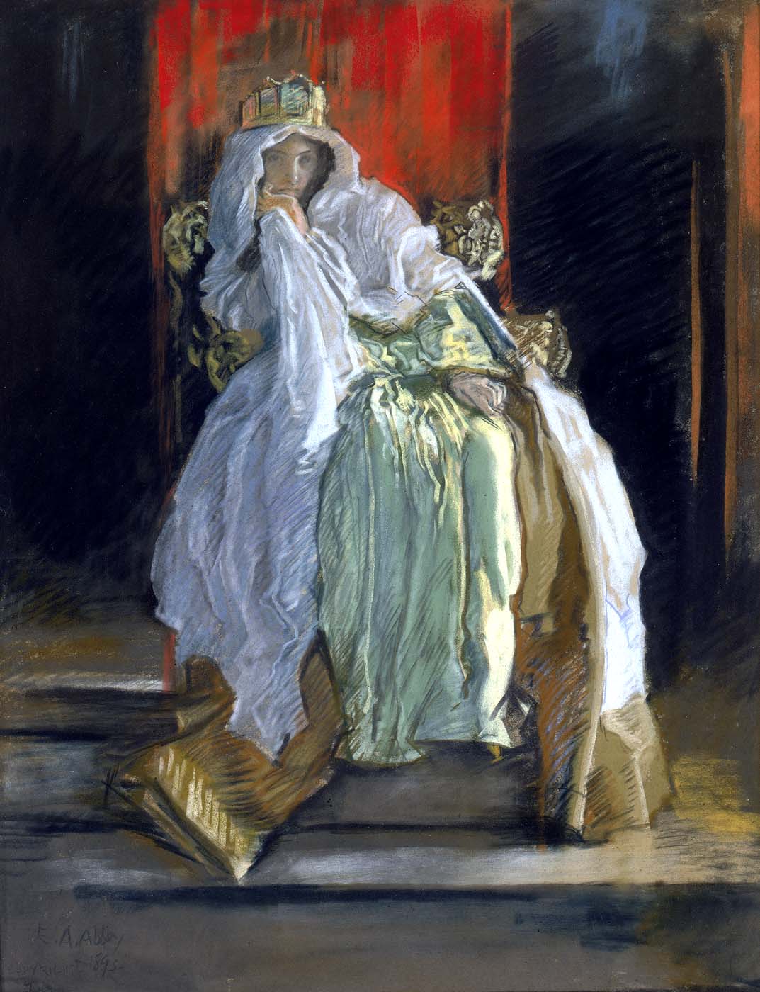 A person in a white robe and gold crown sits on a throne with a solemn expression, draped in luxurious fabrics, against a dark background with red accents.
