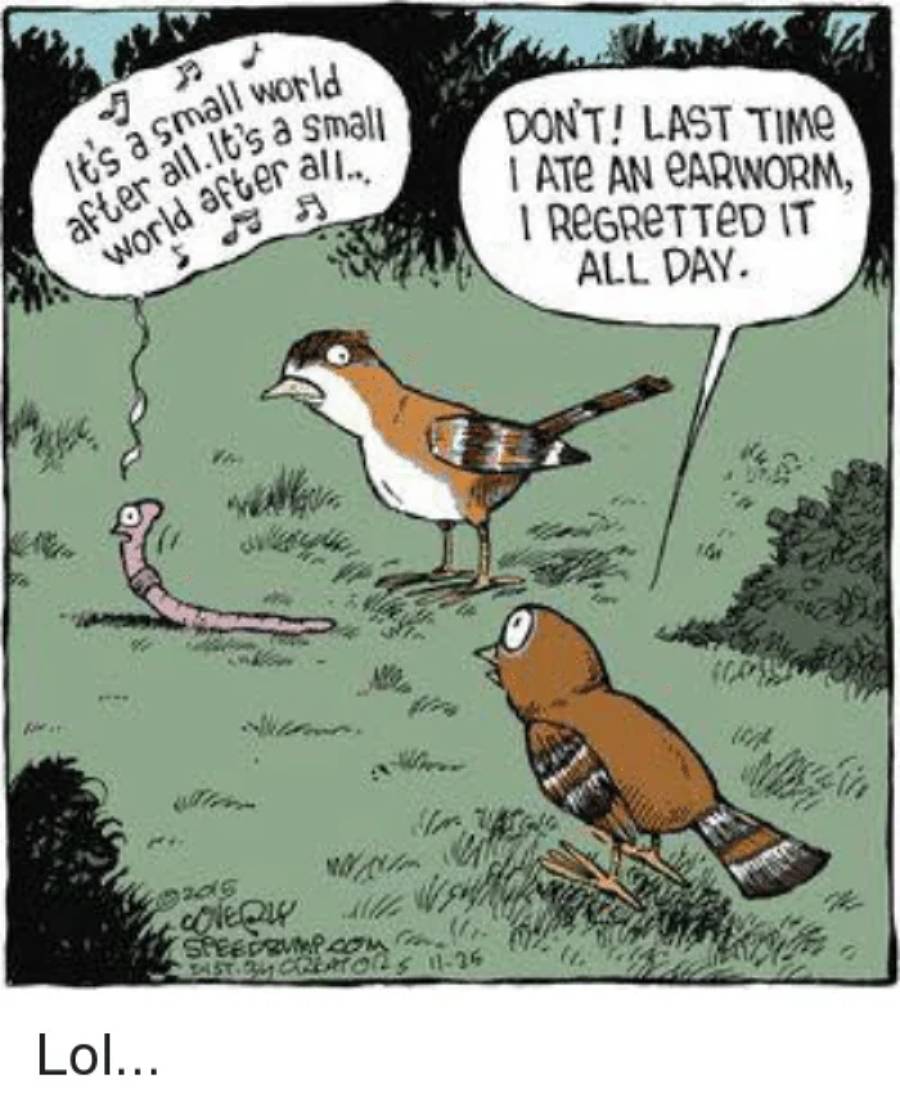 Two birds and a worm. One bird hums, “It’s a small world after all.” The other bird warns, “DON’T! Last time I ate an earworm, I regretted it all day.”