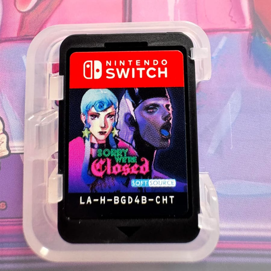 A Nintendo Switch game cartridge for “Sayonara Wild Hearts” featuring stylized illustrations of two characters, one with blue hair and another with black hair, against a colorful background.