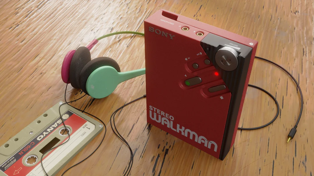 A red Sony Walkman and a cassette tape rest on a wooden surface, with teal and pink headphones attached.