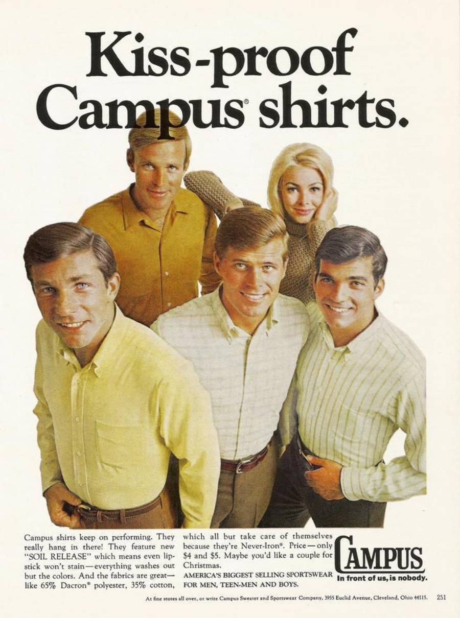 Five people, four men and one woman, stand smiling while wearing pastel-colored button-down shirts. Bold text above reads, “Kiss-proof Campus shirts.” Additional text about the shirts is visible below.