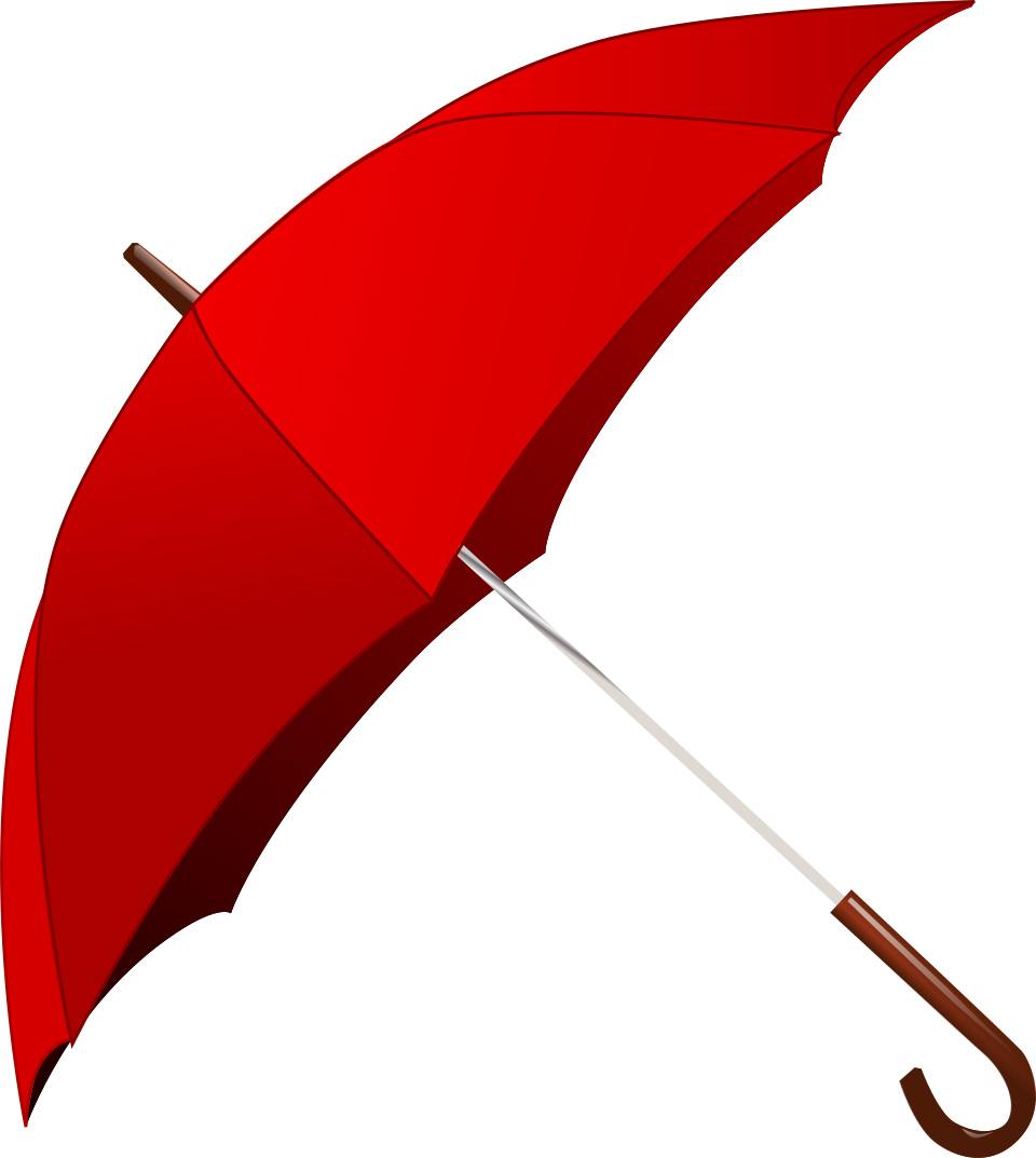 A red umbrella with a curved brown handle is open and tilted at an angle, showing its canopy and metal shaft against a white background.