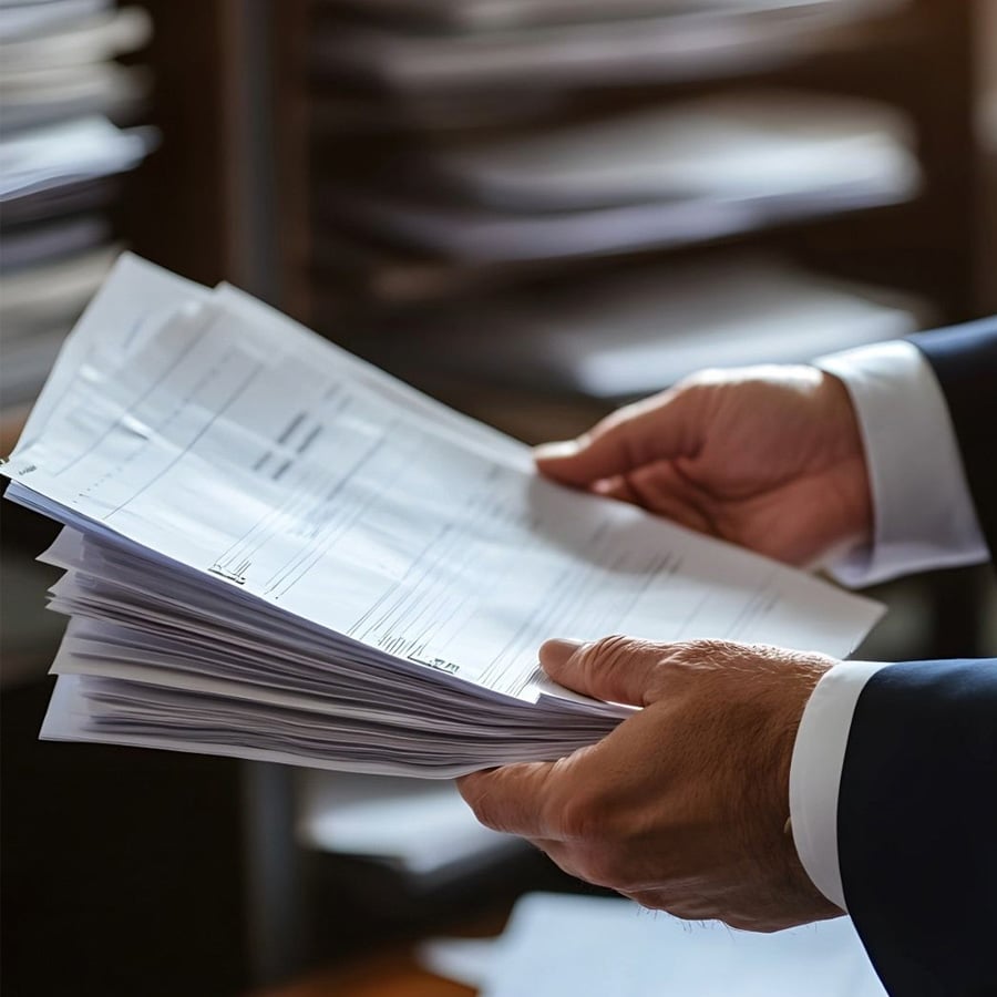A person in a suit holds a thick stack of documents or papers in an office setting, with shelves of additional paper stacks blurred in the background.