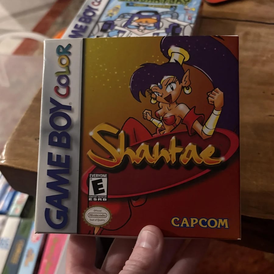 A hand holds a Game Boy Color box for “Shantae” by Capcom, featuring a cartoon genie character. Other game boxes are visible blurred in the background on a wooden table.