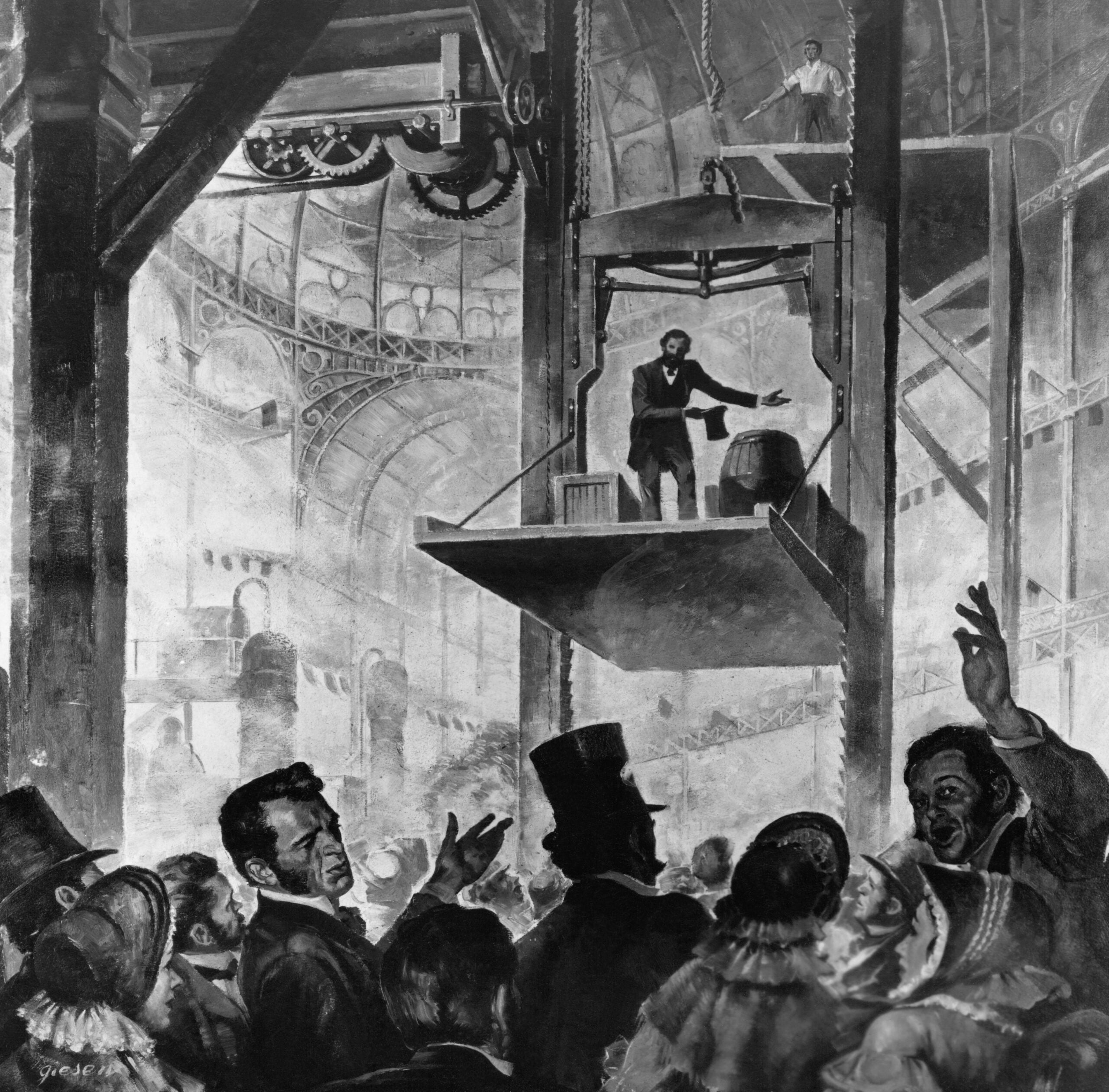 A man stands on a large platform, demonstrating an elevator to a crowd indoors. Onlookers in 19th-century attire watch in amazement as the platform is raised, with a grand arched ceiling visible above.
