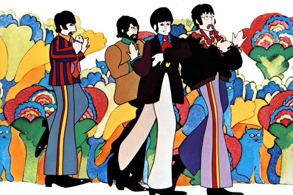 Four cartoon men with 1960s-style clothes walk in front of colorful, abstract flowers and blue cats. The background is bright and psychedelic, evoking a retro, whimsical atmosphere.