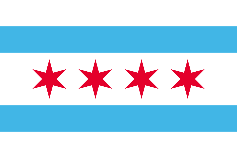A flag with two horizontal blue stripes and four red six-pointed stars in a row on a white background.