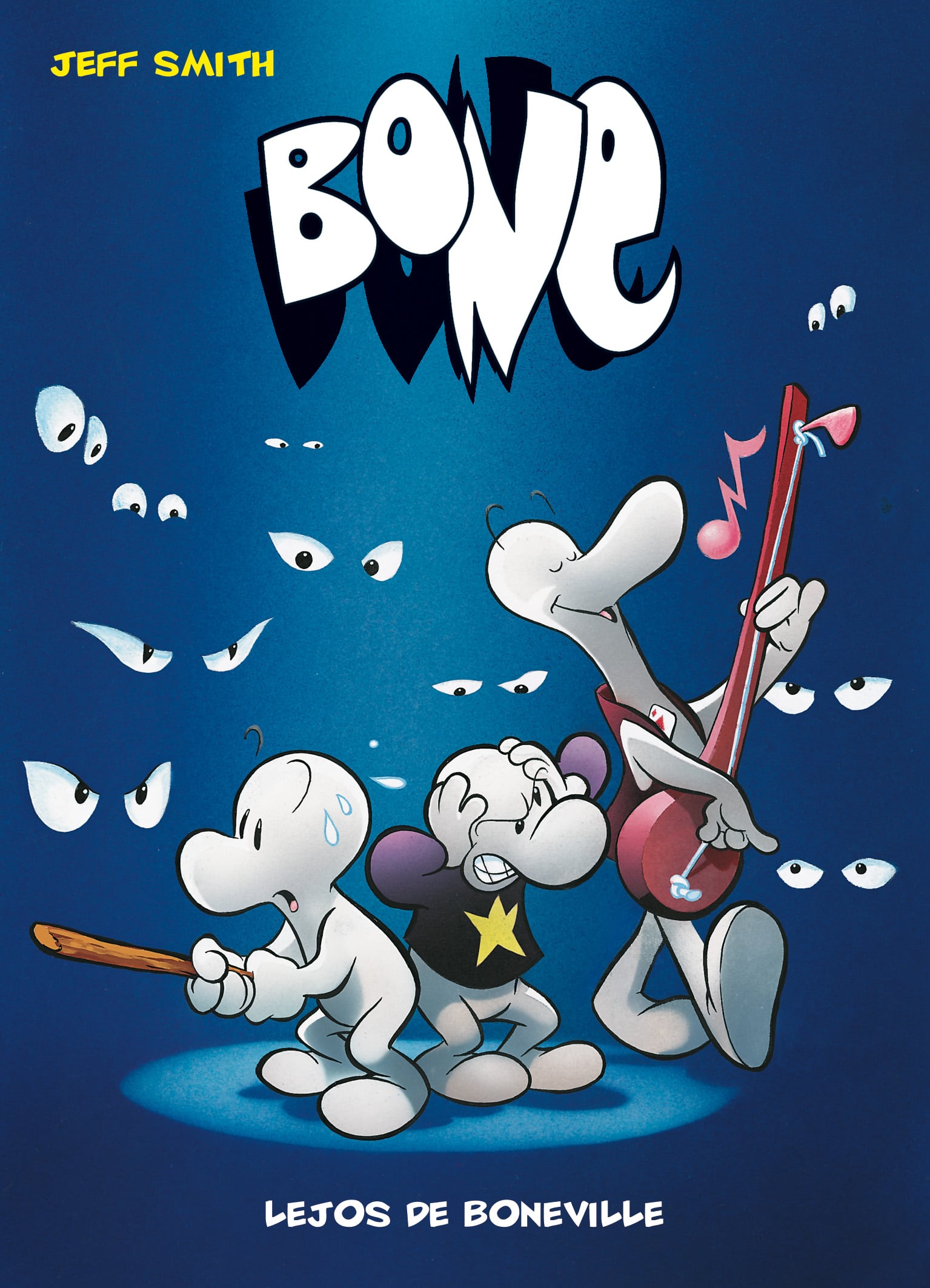Three cartoon characters stand together, one holding a bat and sweating, one covering their face in fear, and one playing a guitar. White eyes float in the dark blue background. Text reads “Bone” and “Lejos de Boneville.”