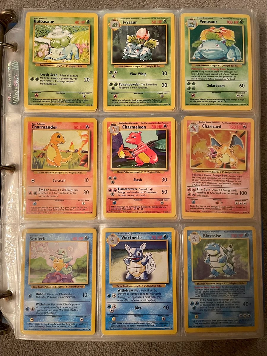 A binder page displays nine Pokémon trading cards, including Bulbasaur, Ivysaur, Venusaur, Charmander, Charmeleon, Charizard, Squirtle, Wartortle, and Blastoise, arranged in three rows of three.
