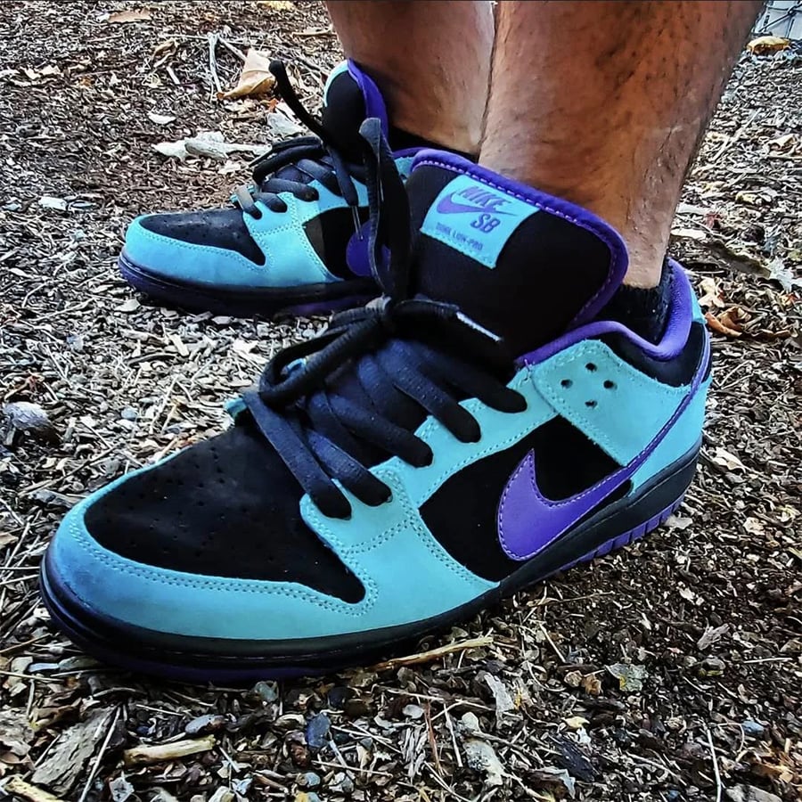 Close-up of a person wearing black, blue, and purple Nike SB Dunk Low sneakers, standing on a dirt and mulch outdoor surface.