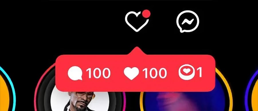Social media interface showing a notification with 100 comments, 100 likes, and 1 reaction. Two user profile images are partially visible below the notification.
