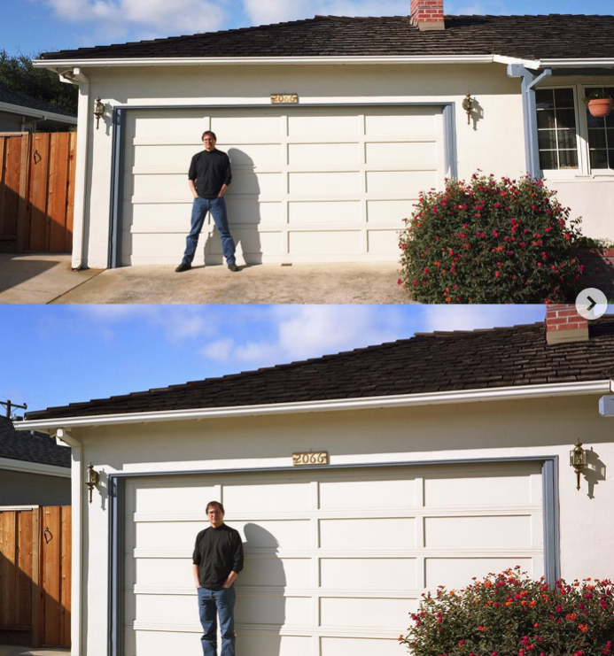 A man stands in front of a white garage door in two similar photos, one above the other. He is wearing a black shirt and jeans. There is a bush with red flowers on the right and a wooden gate on the left.