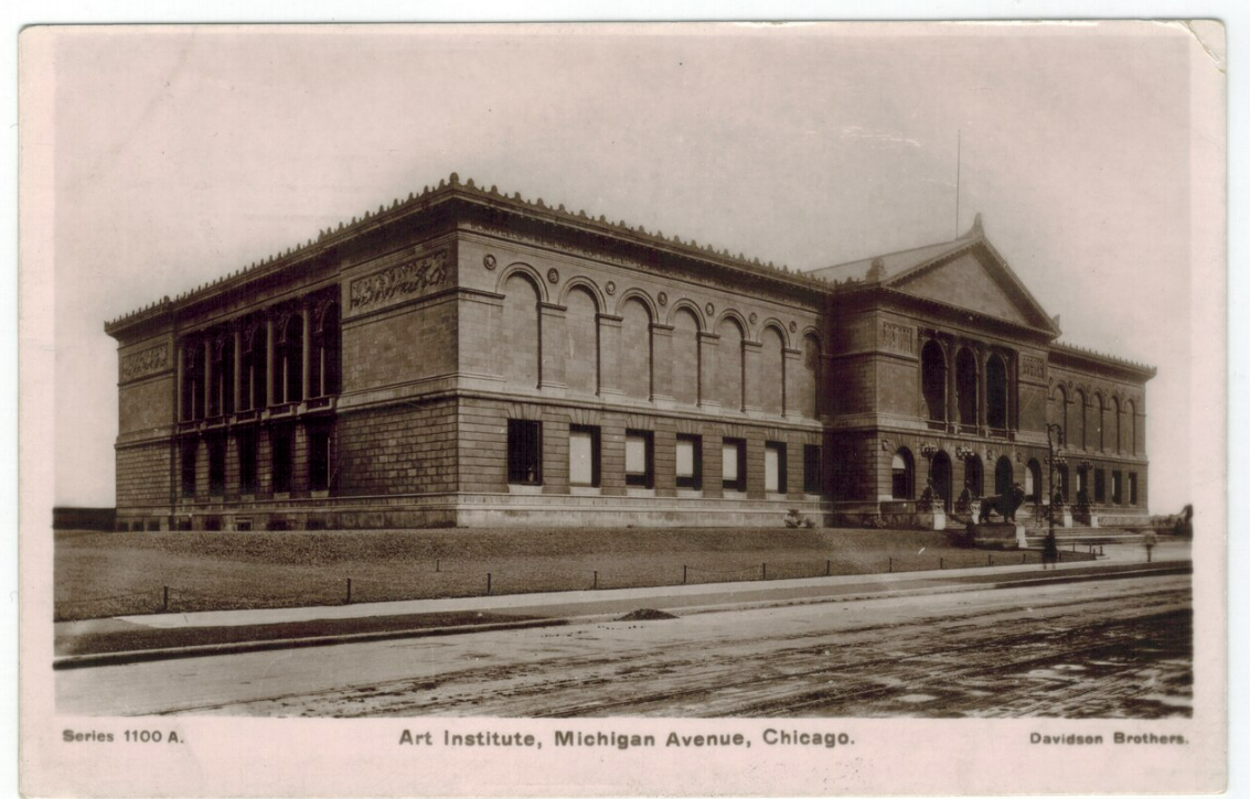 Vintage postcard of the Art Institute of Chicago on Michigan Avenue. The building is large and classical, with arched windows and a grassy area in front. Some people are visible near the entrance.