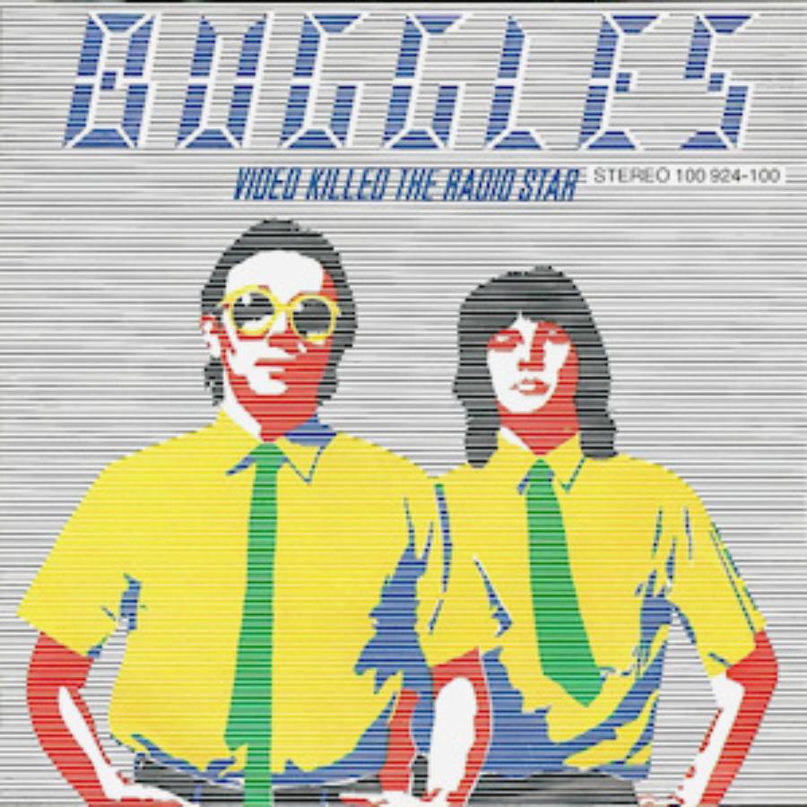 Two people in yellow shirts and green ties stand side by side. The image is stylized with blue, yellow, and red tones. “Buggles” and “Video Killed the Radio Star” are written above them in patterned, blue text.