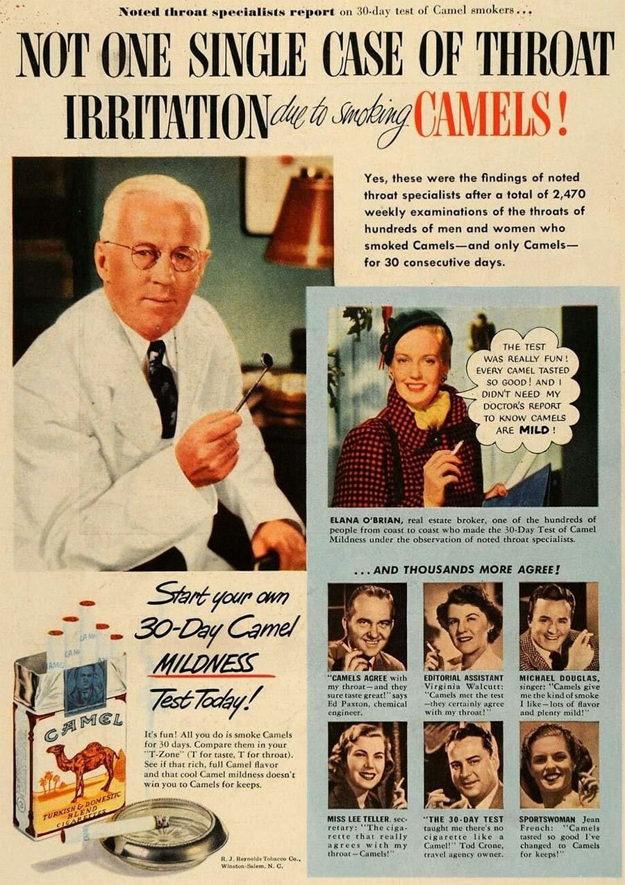 A vintage Camel cigarette ad shows a doctor holding a pen and prescription pad, a pack of Camel cigarettes, and several testimonials praising the product for its mildness and lack of throat irritation.