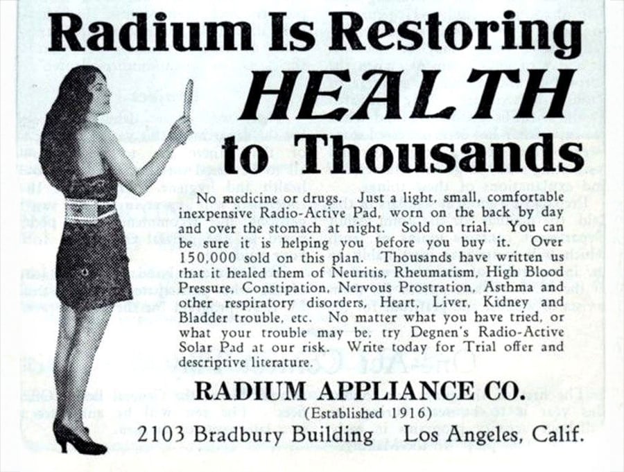 Vintage newspaper ad shows a woman pointing to the bold text: “Radium Is Restoring Health to Thousands.” Below is text promoting a “Radio-Active Pad” and the address for Radium Appliance Co. in Los Angeles, California.